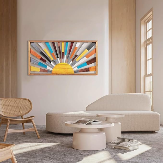 IARTTOP Large Boho Sun Wall Art Framed Wooden Art Wall Decor Rainbow Sun Rising