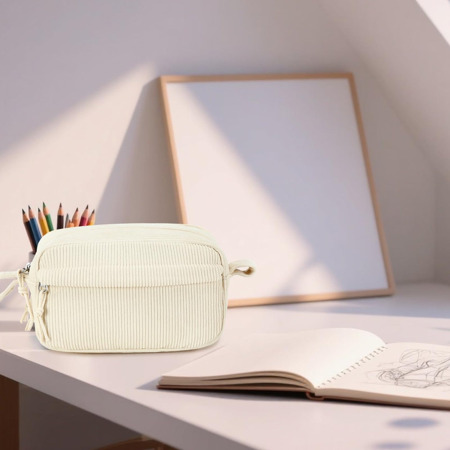 Bluboon Large Capacity Pencil Case Pencil Pouch Pen Case School Supplies Cute Corduroy Pencil Box Pencil Bag for Teen Girls Boys Women Mens Makeup Bag (Beige A)