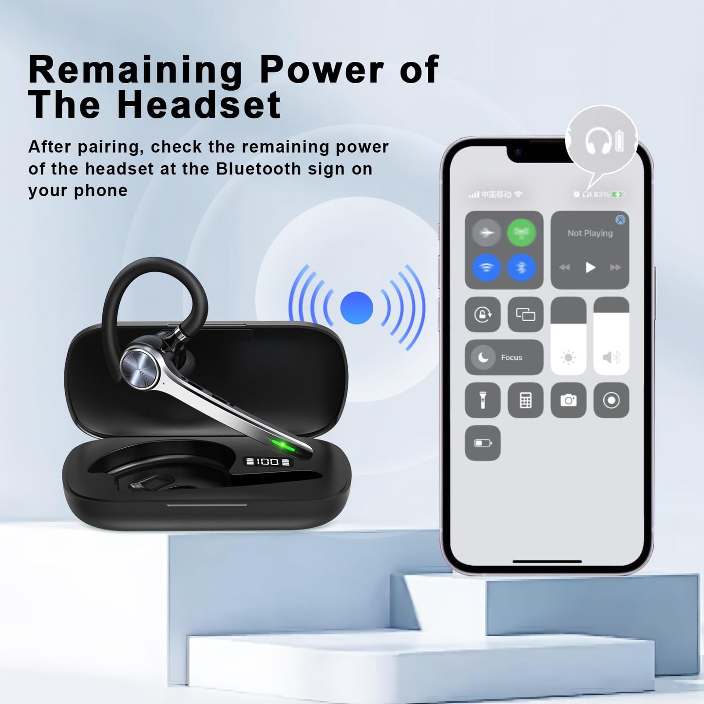 HEIBAS Bluetooth Headset, Wireless Bluetooth Earpiece with 500mAh Charging Case 72 Hours Talking Time Built-in Microphone for iOS Android Cell Phone, V5.1 Hand-Free Headphones for Trucker, Office