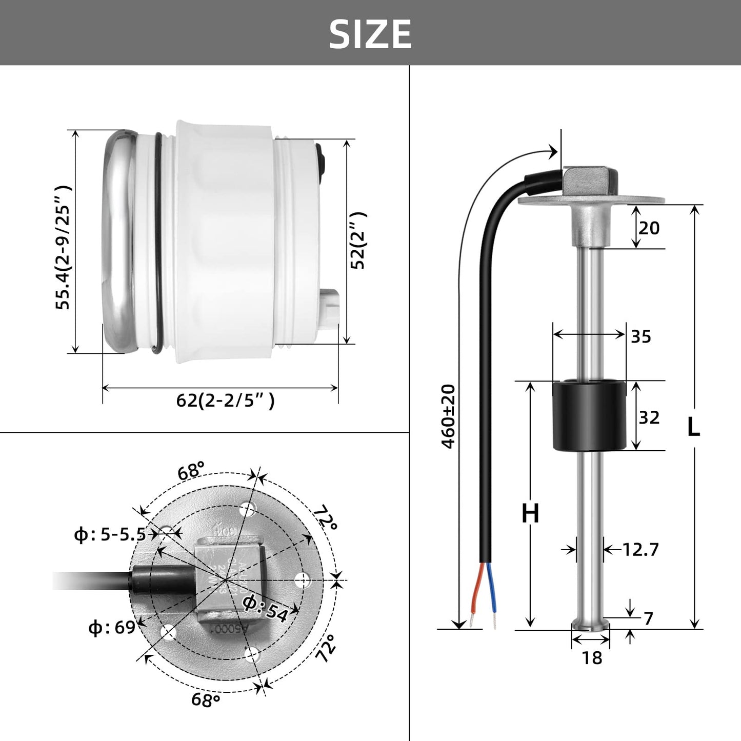 RUPSE Fuel Sender Unit Boat Fuel Tank Sending Unit Fuel Water Level Sensor Stainless Steel Fuel Sender and Fuel Gauge for Boat Car Truck RV (8.8"(225mm))