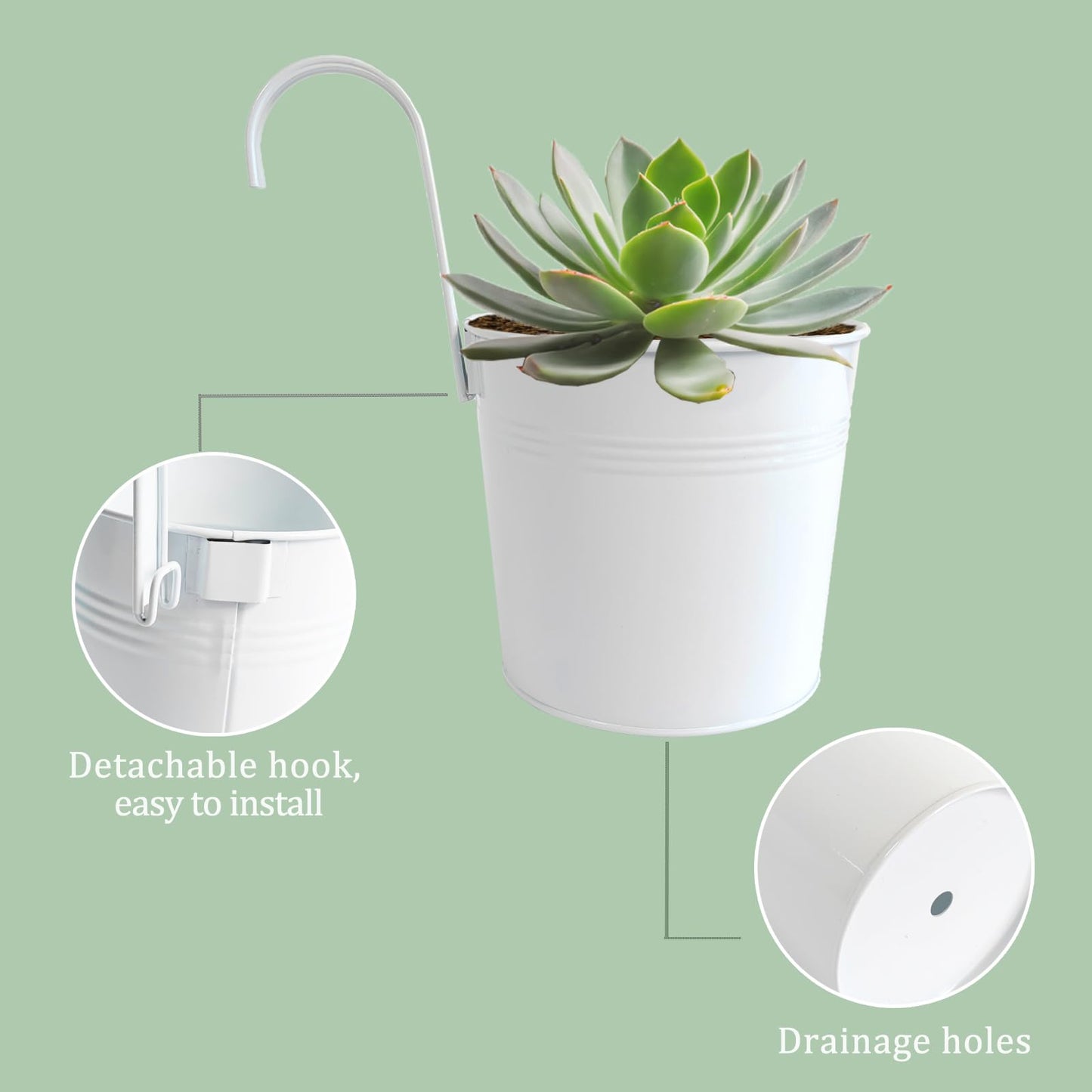 Joyfernal Pack of 4 Hanging Flower Pots, 6" White Metal Balcony Planters for Herb Succulent, Samll Railing Fence Hanging Bucket for Outdoor/Indoor Decoration (White, Pack of 4)