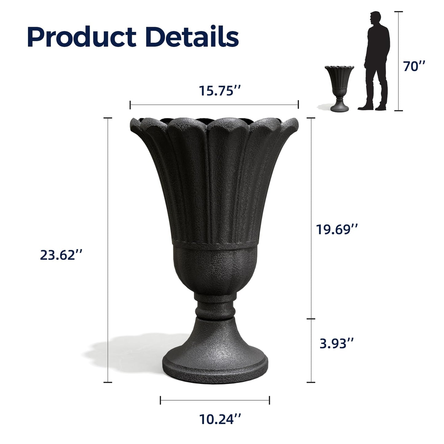 FONTOI 23" Tall Plastic Urn Planter (2-Pack) – Planters for Outdoor Plants with Drainage Holes & Petal Design, Heavy-Duty Classic Indoor Large Flower Pots for Home Garden, Front Porch & Decor, Black