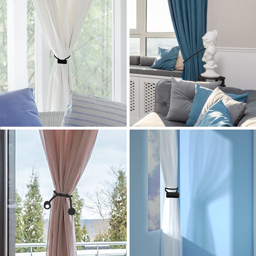 YUNTUOO 18 Inch Strong Magnetic Curtain Tiebacks, Curtain Holdbacks Modern Upgrade Strong 2021 New Twisted Style Decorative Drapery Rope Tie Backs(4 Pack Black)