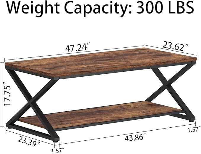 HSH Rustic Coffee Table with Storage Shelf, Industrial Metal Wood Living Room