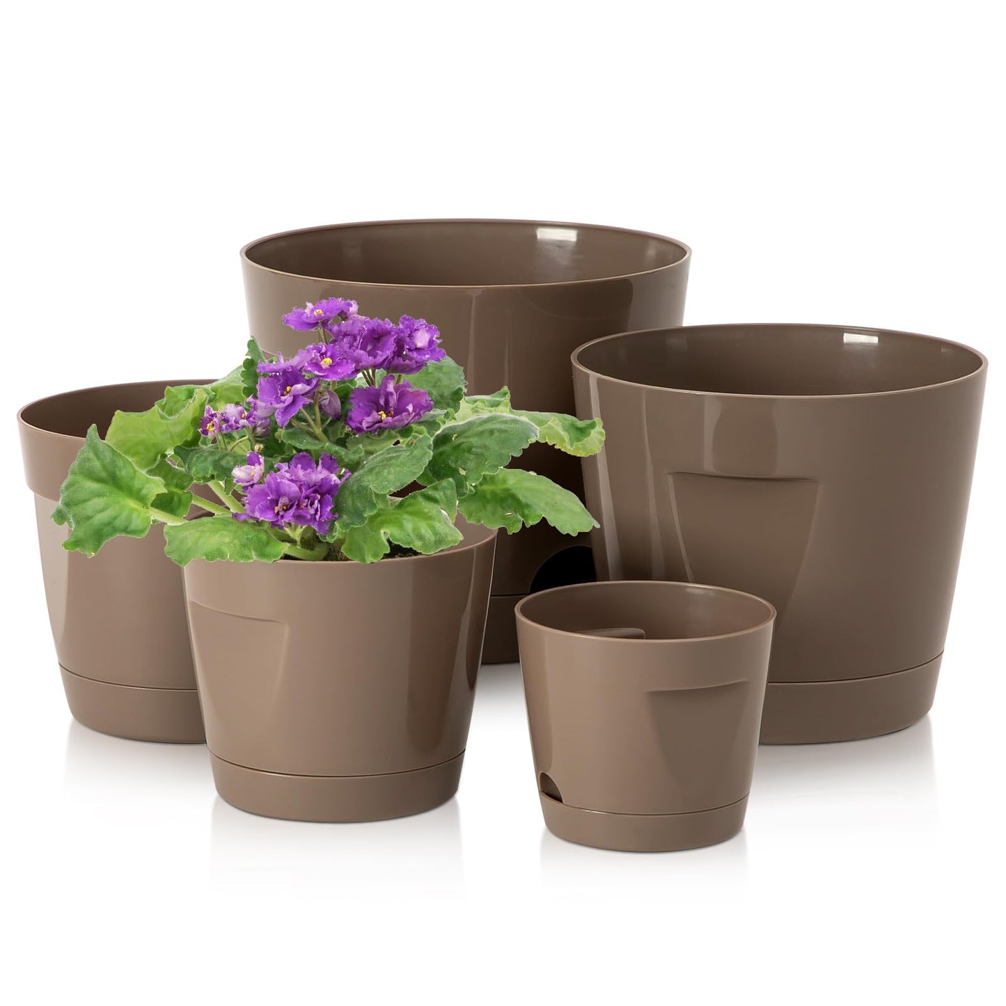 KvyusFlourish 5 Pack 4/5/6/7/8 Inch Plant Pots with Drainage Holes and Saucers Plastic Flower Pots for Indoor Plants Garden Planters Modern Houseplant Pots, Chocolate, Mixed Set