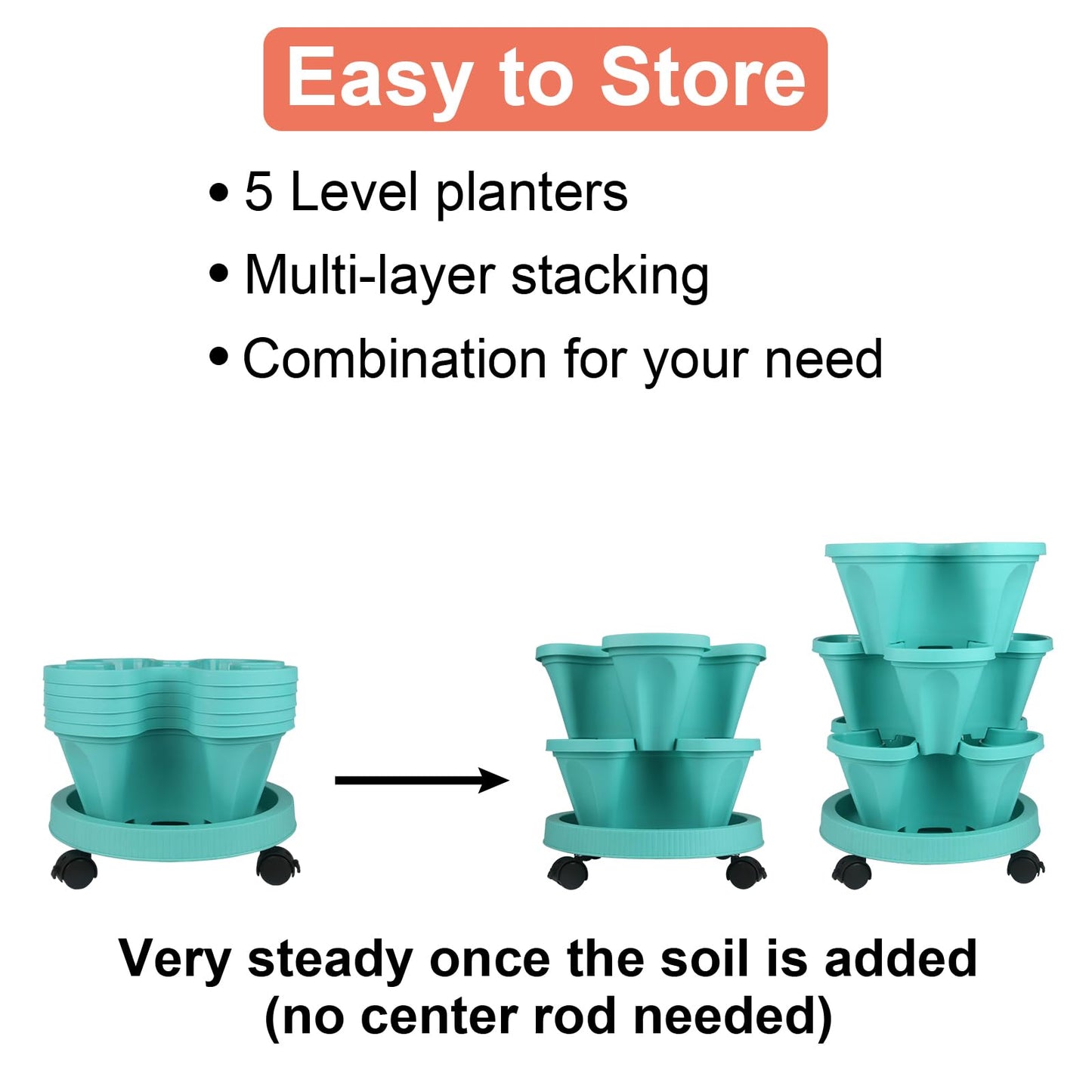 DUNCHATY Stackable Planter, Vertical Garden Planter with Wheels and Tools, Self Watering Strawberry Planter Indoor/Outdoor 5 Tier Herb Planter Pots for Growing Vegetables and Succulents, Teal