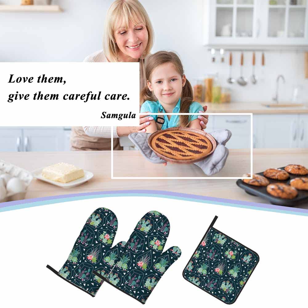Samgula Green Plant Oven Mitts and Pot Holders Sets Succulents Cactuses in Glass Terrariums Heat Resistant 3pcs for Cooking Baking BBQ