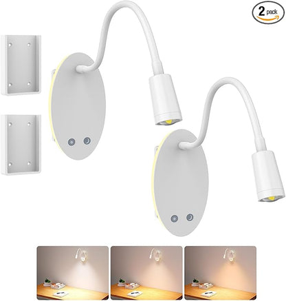 Rechargeable Cordless Reading Light, 360° Adjustable Bedside Lamp, 3 Color Stepless Dimming Night Light, 40H Runtime with Eye-Care, Memory Function, USB Output, Wall-Mounted & Detachable(2pcs)