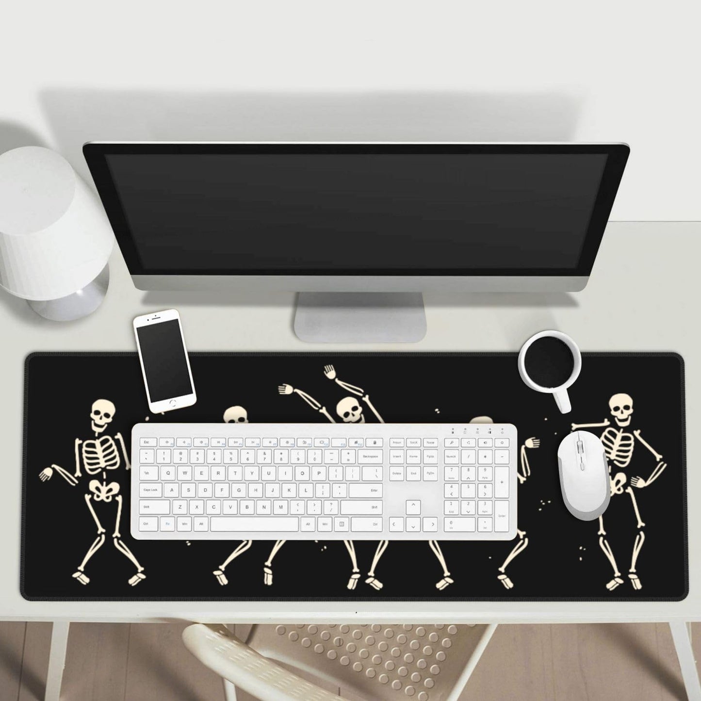 Dancing Skeleton Large Gaming Mouse Pad, Black Halloween Themed Extended Desk Mat with Non-Slip Base for Office & Home Decor 31.5 X 11.8 Inch