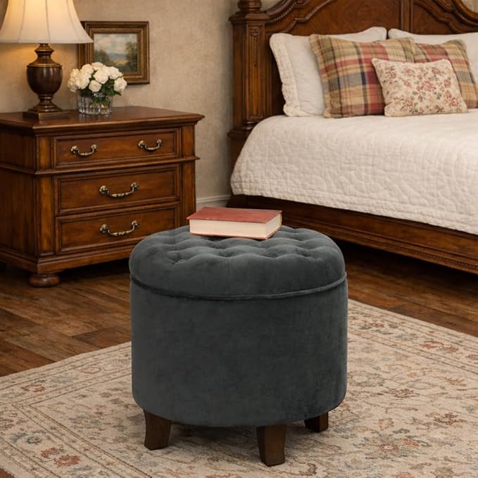 Homepop Home Decor | Upholstered Round Velvet Tufted Foot Rest Ottoman | Ottoman