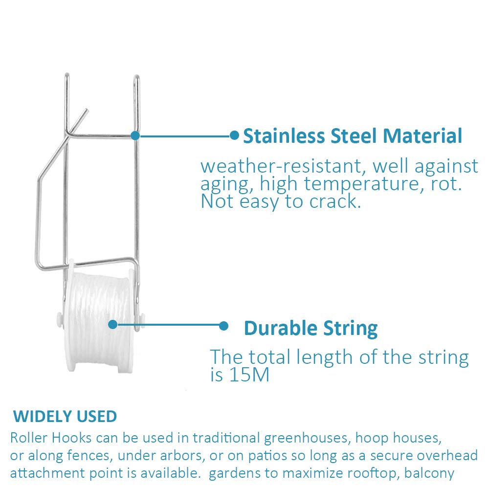 20 Pack Tomato Trellis Roller Hooks with 49.2FT String for Tomato,Plant, Greenhouse,Flower Vine Twine Crop Trellis Kit Plant Roller Hook