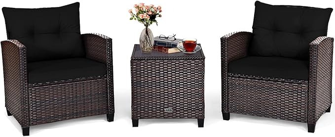 COSTWAY 3PCS Patio Furniture Set, PE Rattan Wicker Sofa w/Washable Cushion and