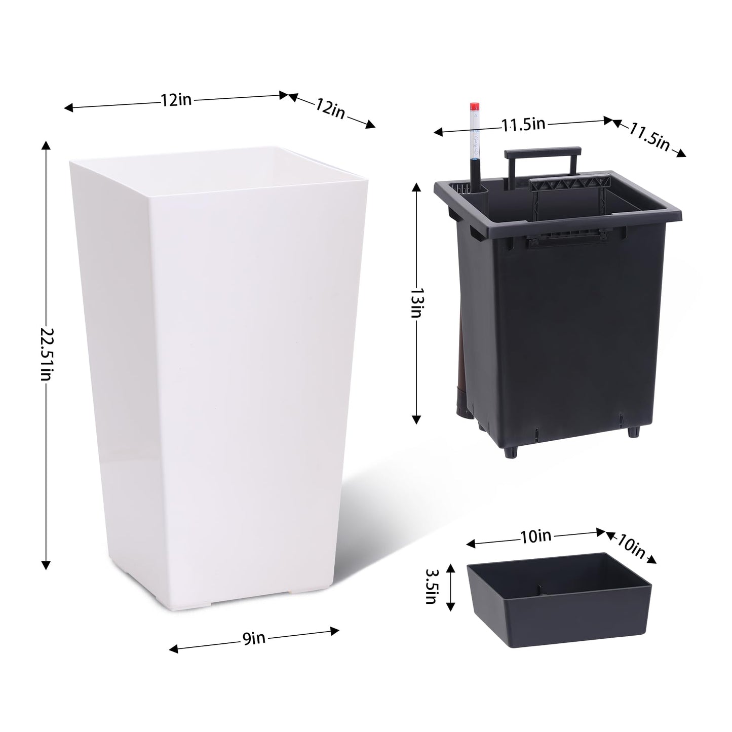 Garvee 22.5" Tall Planters Set of 2, Outdoor＆Indoor Black Planter Pots, High Front Porch Planter Pots with Drainage Holes＆Water Level Monitor＆Inner Bucket,White