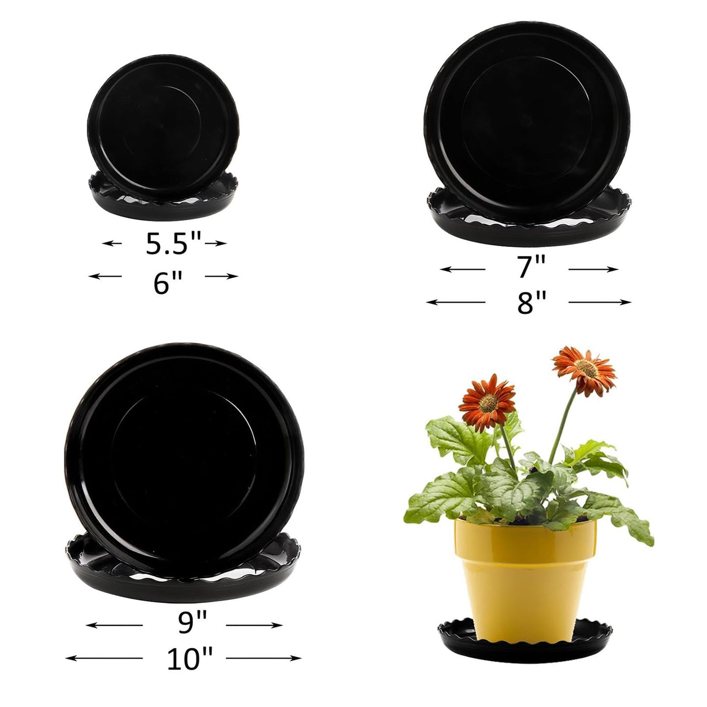 OFiSEXPT 15 Pcs Plant Saucer Set, 6, 8, 10 Inch Plastic Pot Trays, Flower Planter Saucers, Drip Trays for Indoor/Outdoor, Sturdy Plant Plate Water Catcher (Black)