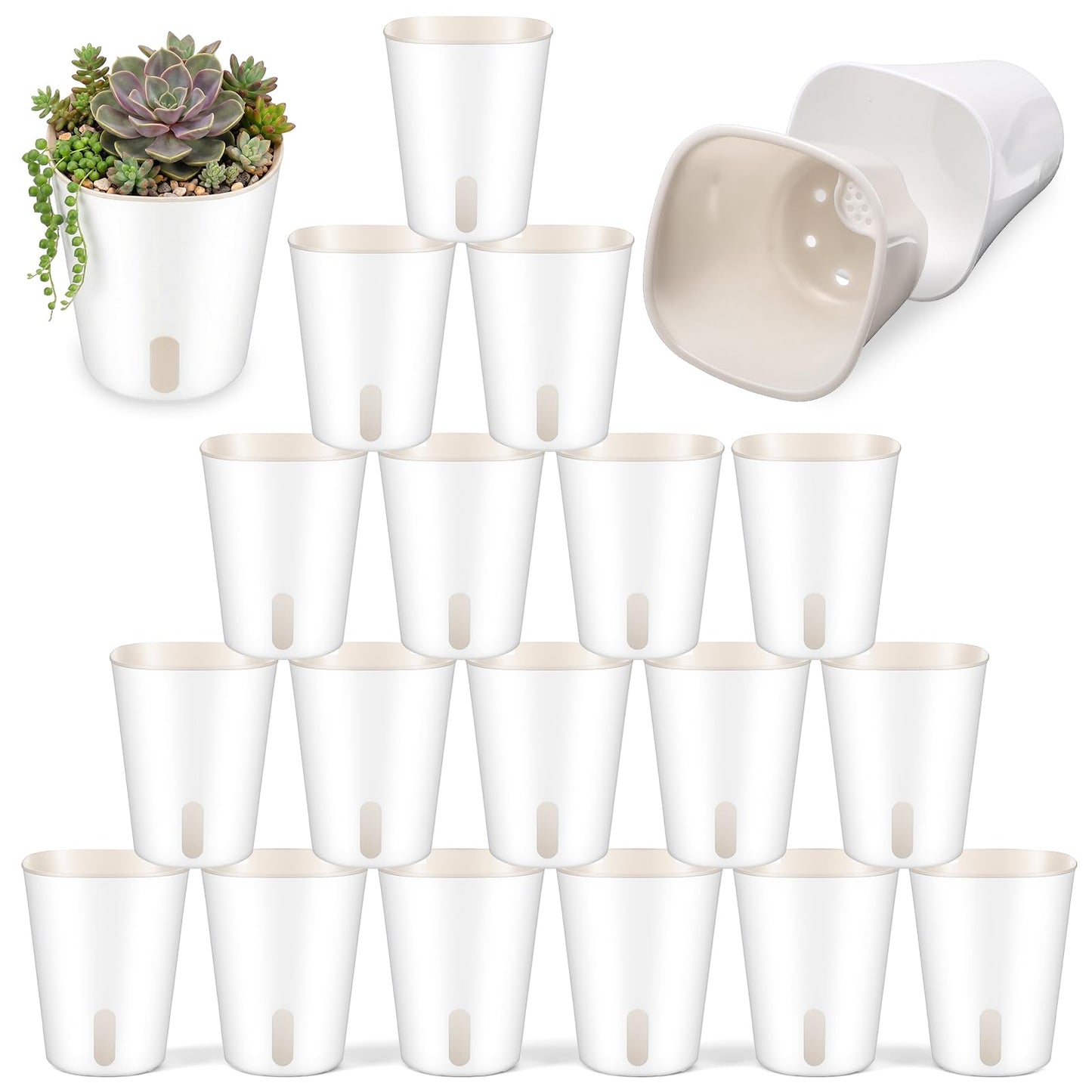 Giloaou 20 Pcs 3 Inch Self Watering Pots, Self Watering Planters with Water Level Indicator Vents, Plastic Garden Flower Pots for Indoor Succulents, Flowers