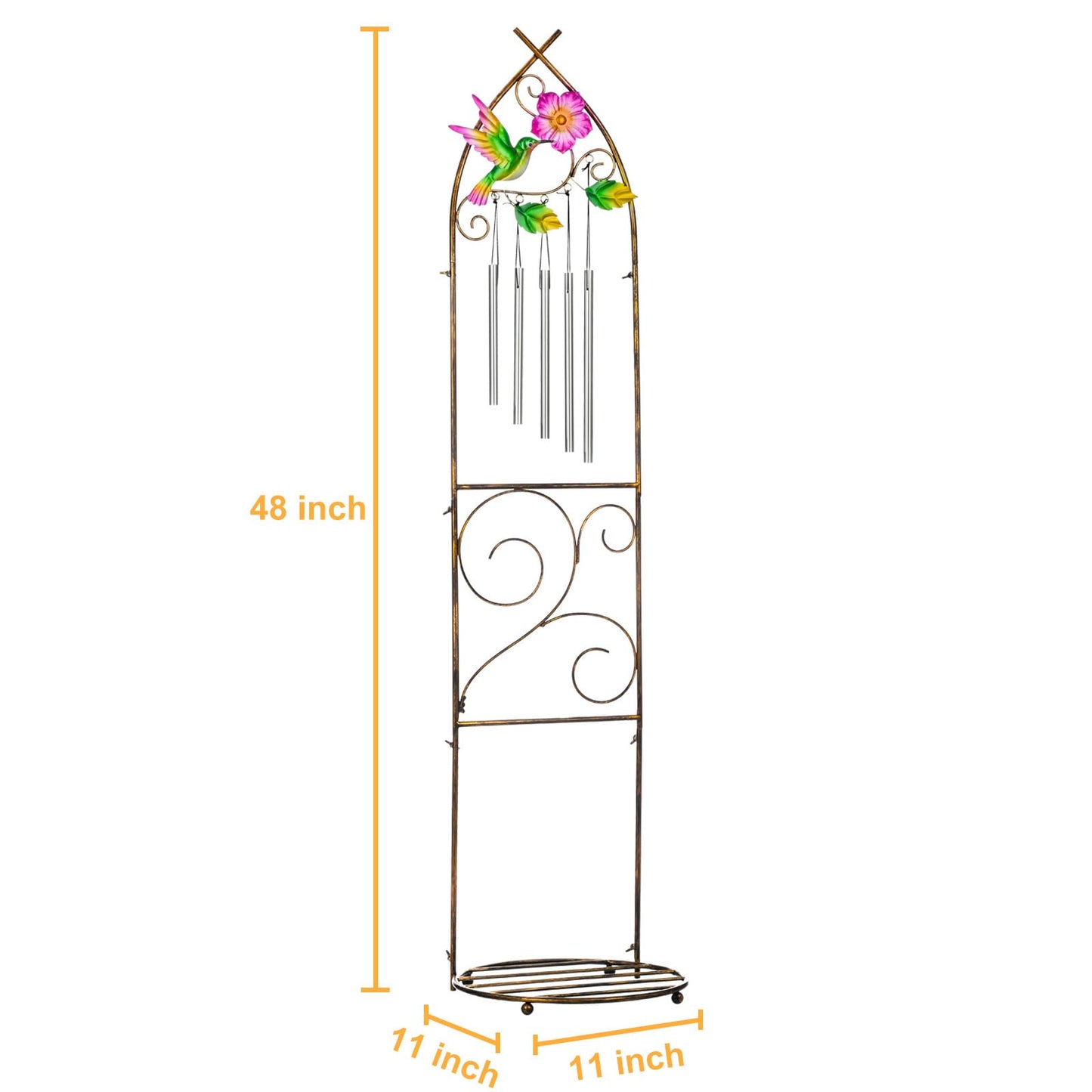 Garden Trellis with Plant Stands, 48” Metal Detachable Hummingbird Plant Pot Trellis with Wind Chimes for Climbing Plants Outdoor Lawn Patio Porches Decor