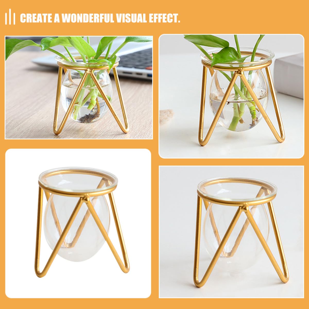 HOMSFOU Glass Vase with Metal Stand, Succulent Propagation Terrarium Planter Bulb, Desktop Air Plant Container for Indoor Water Plants and Greenery Décor