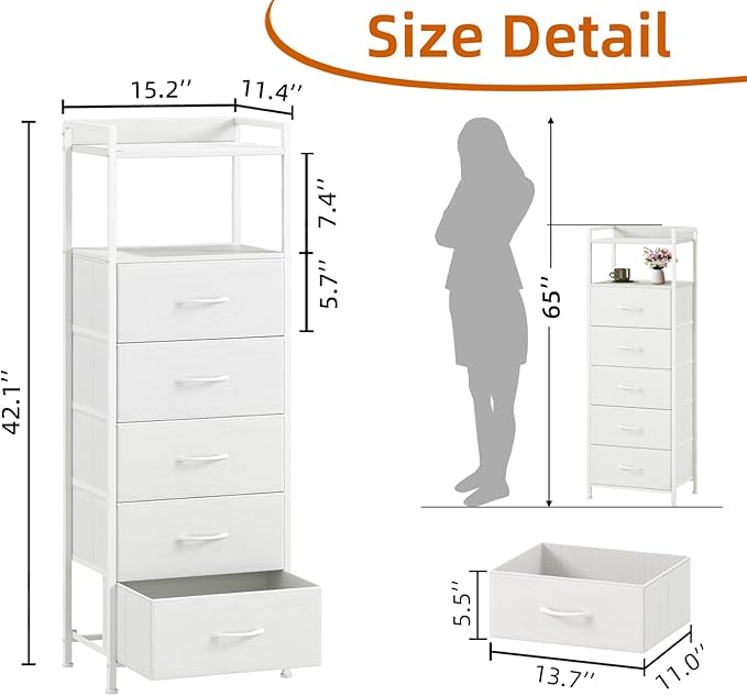 Somdot Tall Dresser for Bedroom, 5 Drawers Nightstand Vertical Storage Tower