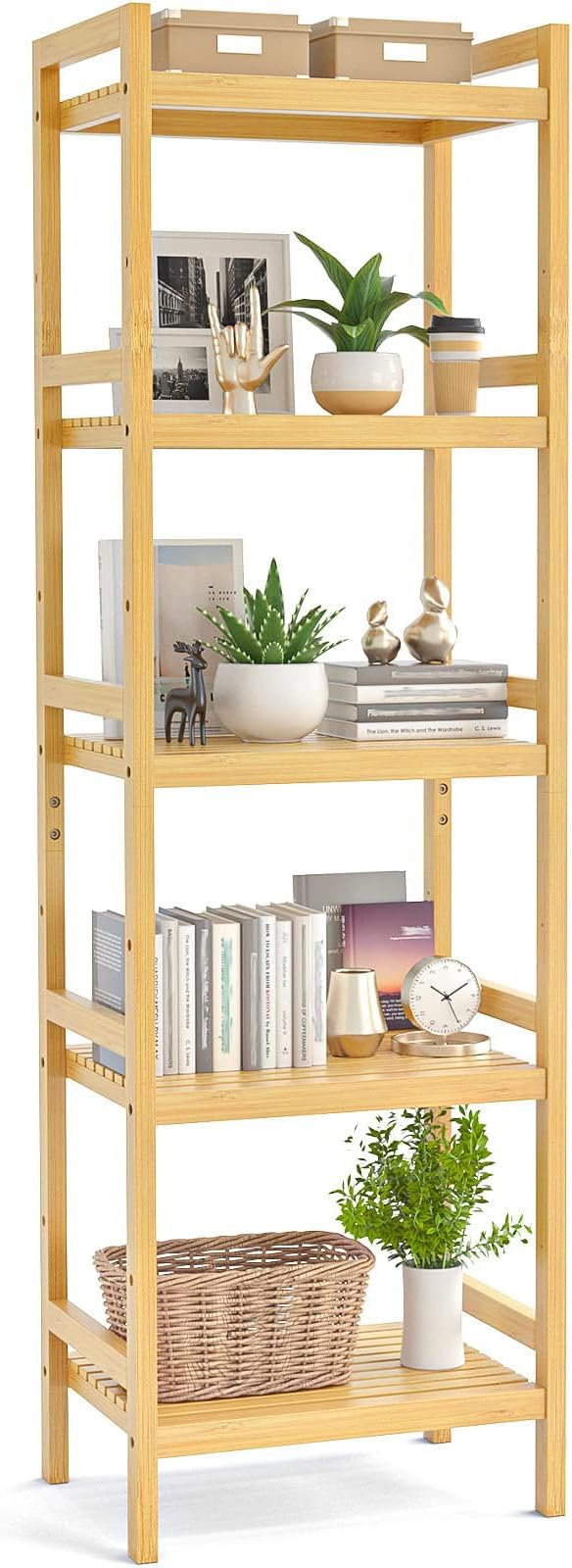 Homykic Bamboo Bookshelf, 5-Tier Narrow 55.9” Adjustable Book Shelf Bookcase