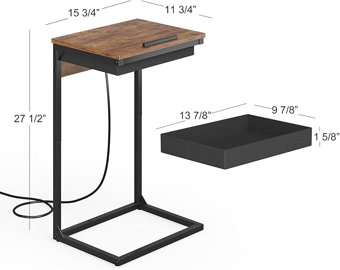 sthmec C Shaped End Table with Charging Station, 45° Tiltable Adjustable Flip