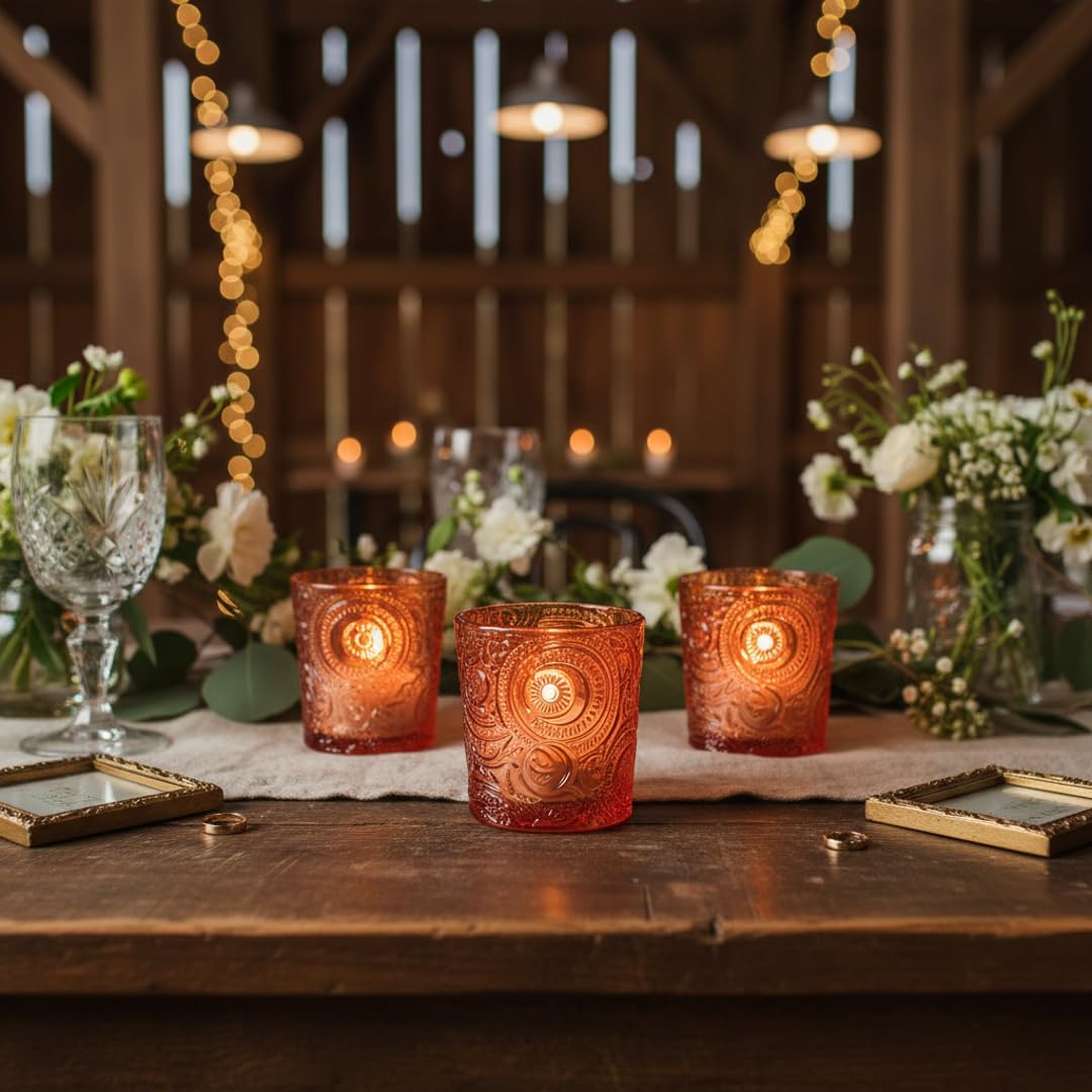 12 Pack Patented Sun Moon Star Embossed Glass Tea Light Candle Holders - Unique Votive Candle Holders for Wedding, Party, and Table Centerpieces (Pumpkin Spice)