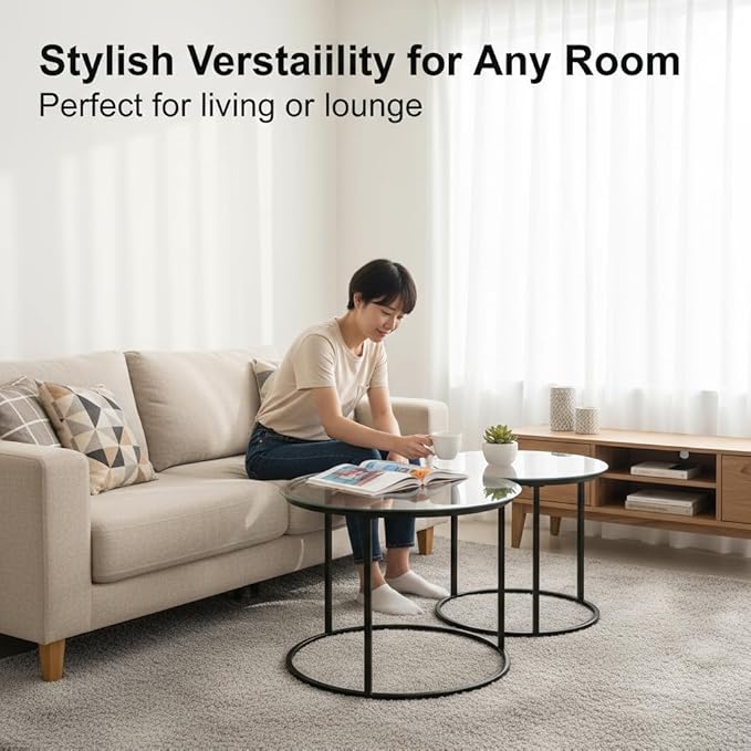 Round Nesting Coffee Table Set of 2, Modern Glass Nesting Tables, Stacking