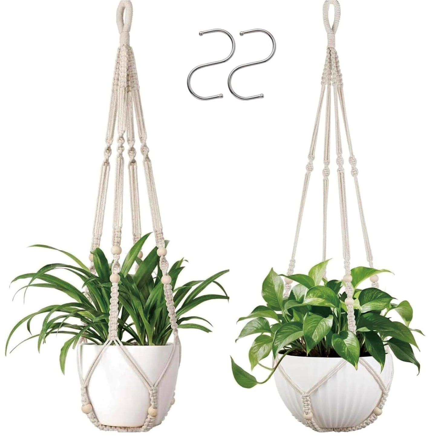 UlifeBetter 2 Pack Macrame Plant Hanger 36 Inch, Ivory Hanging Planter Holder with Wood Beads & No Tassels,Larg Hanging Baskets Indoor Outdoor Boho Home Decor for Flower Pots (2 Hooks Included)