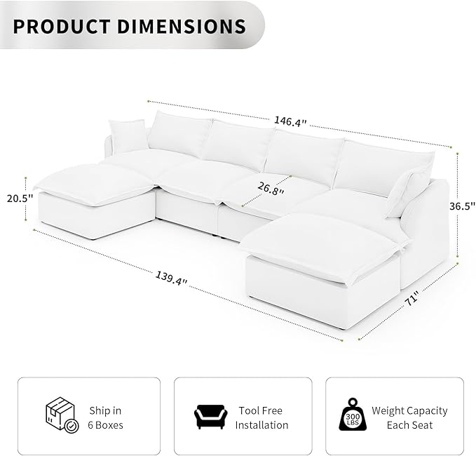 Waterproof Cloud Couch, 6 Seat U Shape Stain Resistant Modular Sectional Sofa