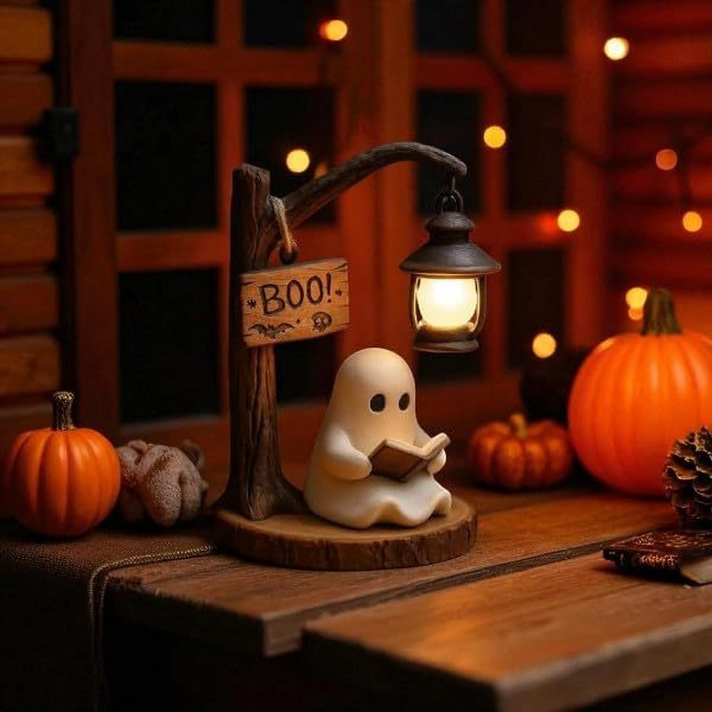 BHOOKA Halloween Ghost Figurine Statue Cute Ghost Reading Book Lamp Designs 3D Unique Night Light Gifts Tabletop Ornament Decoration Cartoon Resin Sculpture for Holiday Decor Supplies