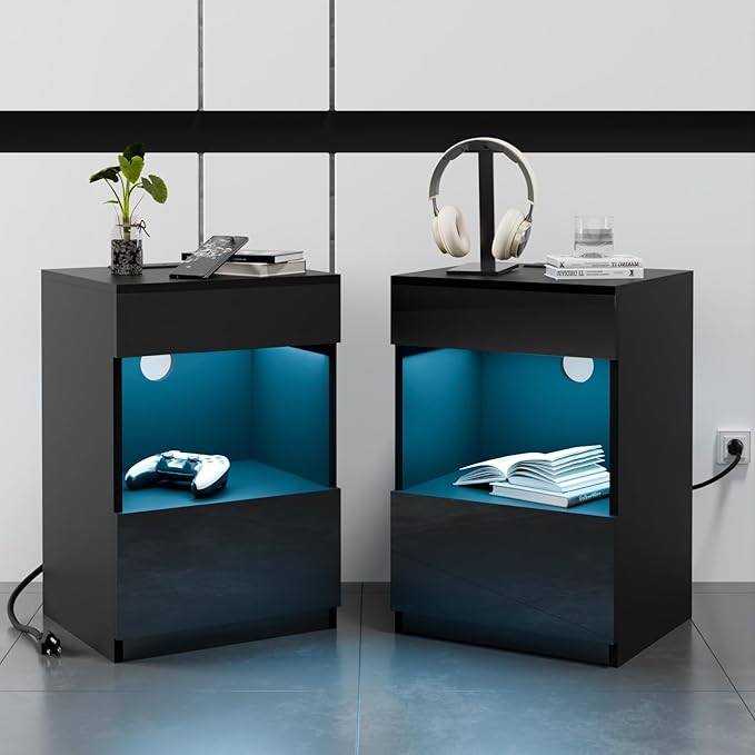 HOMMPA Set of 2 Open Shelf LED Nightstands