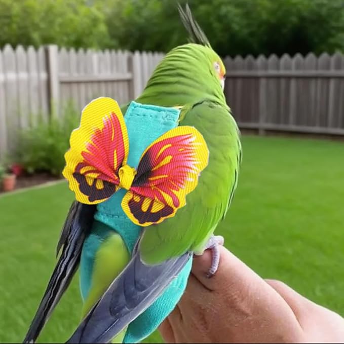 Pet Bird Diaper Harness Adjustable Parrot Harness and Leash Set Cockatiel Flight Suit with 60 Inch Leash Bow Tie Bird Flying Clothes for Conures Cockatoos Cockatiel Pigeon (Yellow, Small)