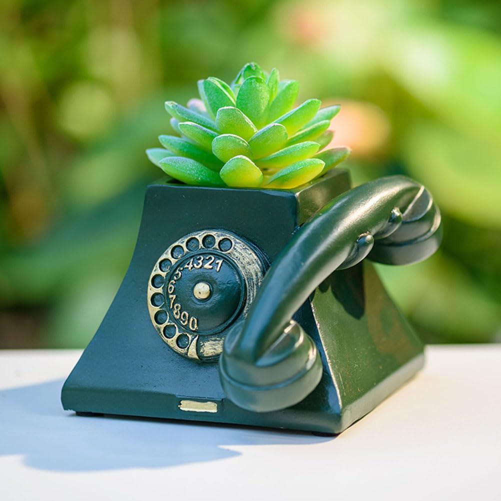 Yardwe Telephone Flower Pot Succulent Flower Pot Planter Resin Plant Pot Retro for Home Office Plants, Green