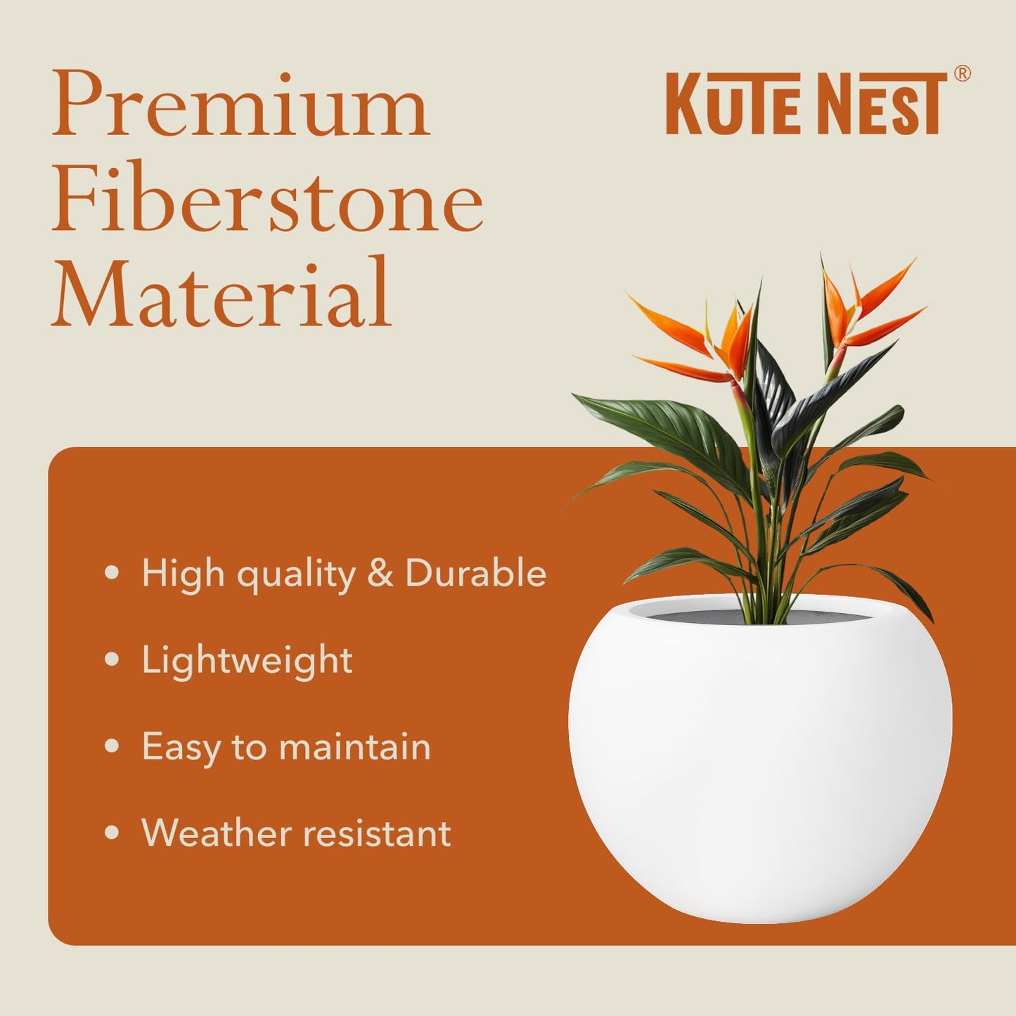 KUTE NEST 12.8"H x 16"D Premium Globo Fiberstone Round Planter with Drainage Hole, Smooth Finishes, Weather Resistant for Indoor and Outdoor Use, Included 2 Extra Coco Mats (White, 10.7" Pot Opening)