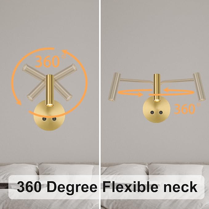 Gold Wall Mounted Reading Light 2 Pack, 3000K Flexible Headboard Reading Sconces with On Off Switch Control, Plug in/Hardwired Wall Light Fixtures with Night Light for Bedside Bedroom Bunk