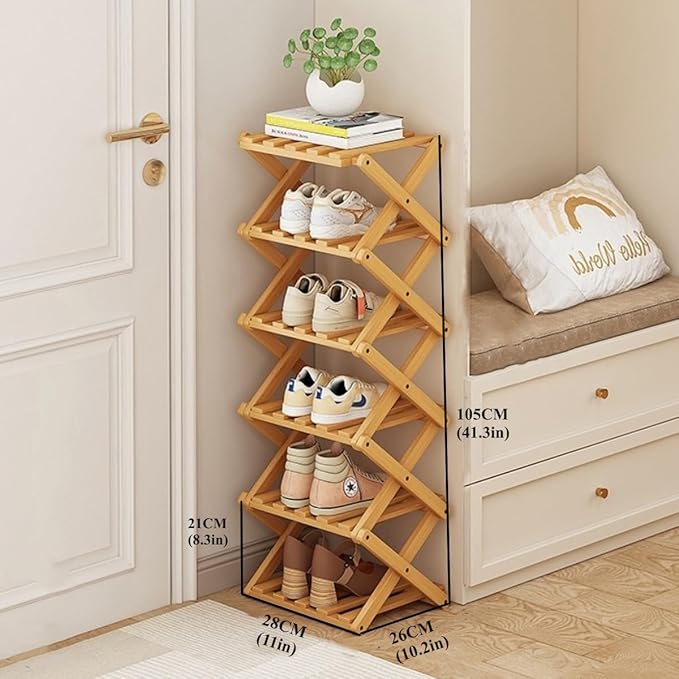 Foldable Shoe Rack, Bamboo Vertical Shoe Organizer Tall