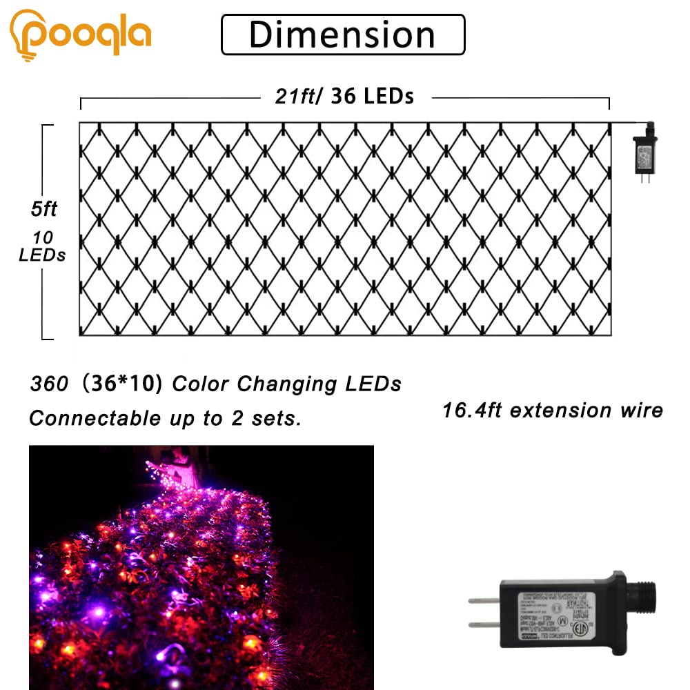Pooqla 360 LED Halloween Net Lights Outdoor, 21 ft x 5 ft Connectable Mesh String Lights 8 Modes Waterproof Plug in for Halloween Decoration Bushes Yard Garden Party, Orange and Purple
