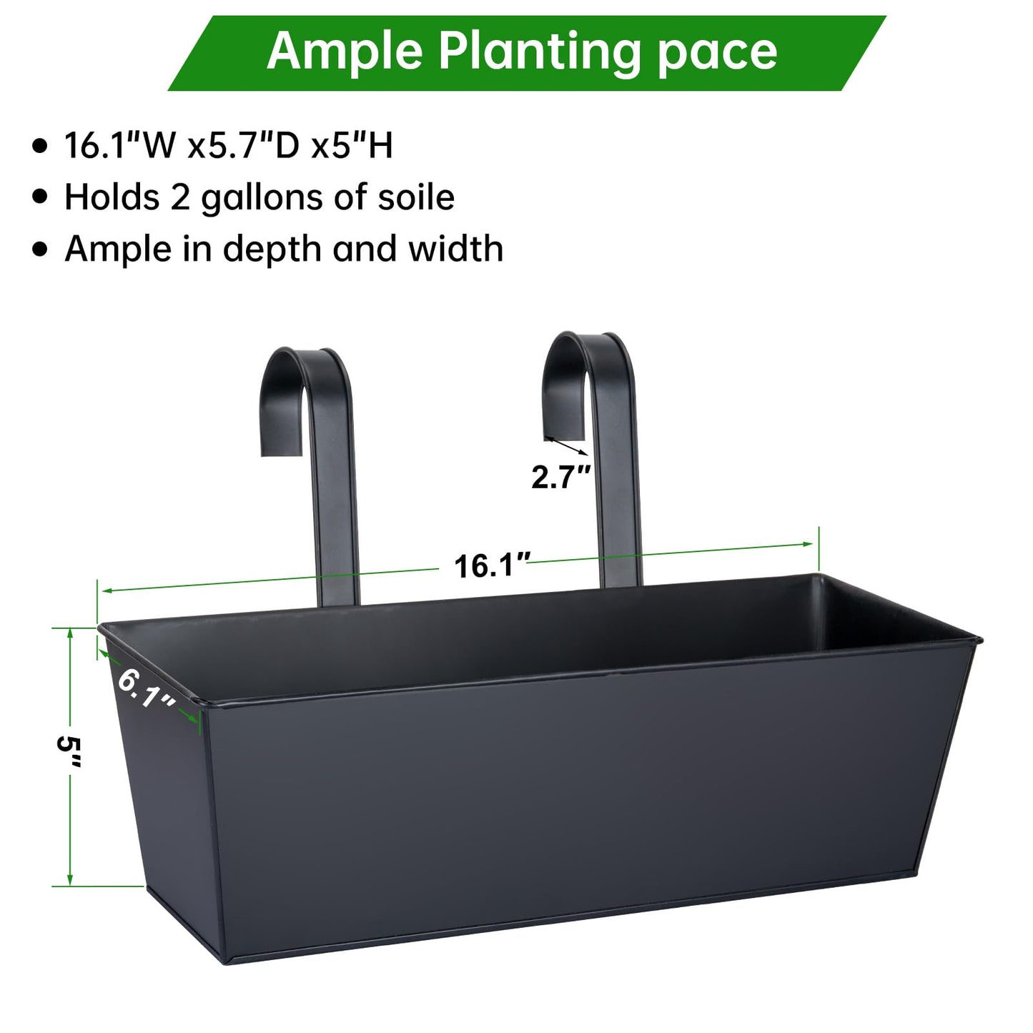 OGIMA 16-Inch Railing Planter Box, 3 Pack Large Hanging Planters for Outdoor Plants with Detachable Wide Hooks for 2.7'' Railings - Balcony Planters Railing Hanging for Deck, Fence & Patio Decor
