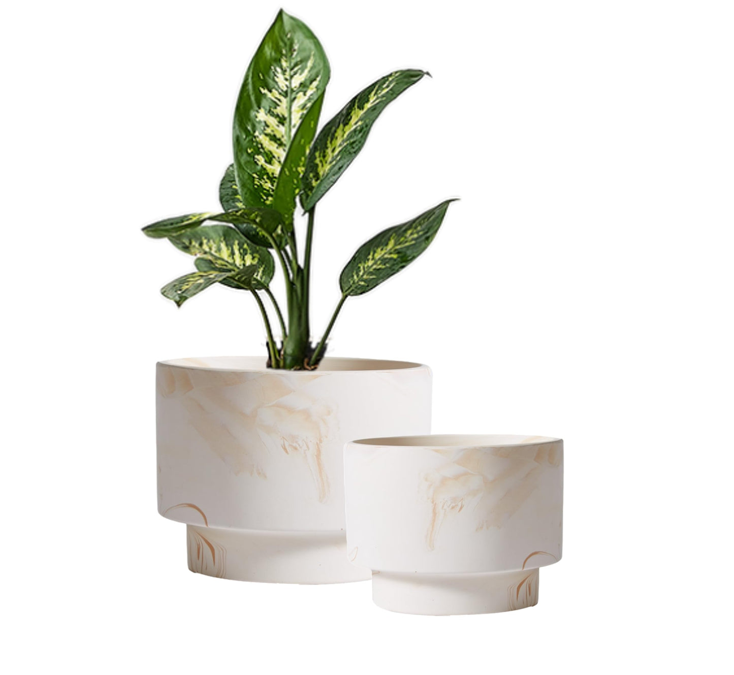 Olly & Rose White with Beige Streaks Ceramic Plant Pot Set 2-16.5,13.5cm Medium Plant Pots Outdoor and Indoor - White Planters - Flower Pots