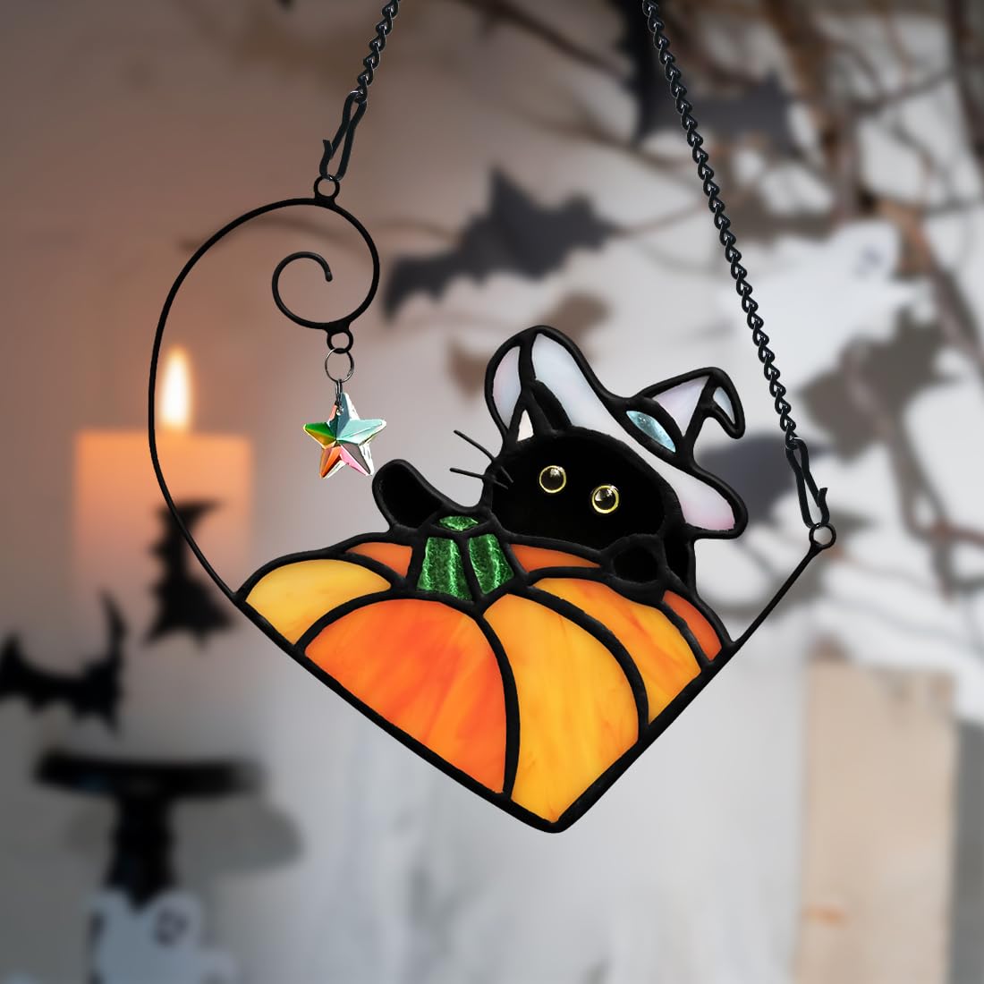 BOXCASA Black Cat Stained Glass Suncatcher, Halloween Pumpkin Witch Gifts