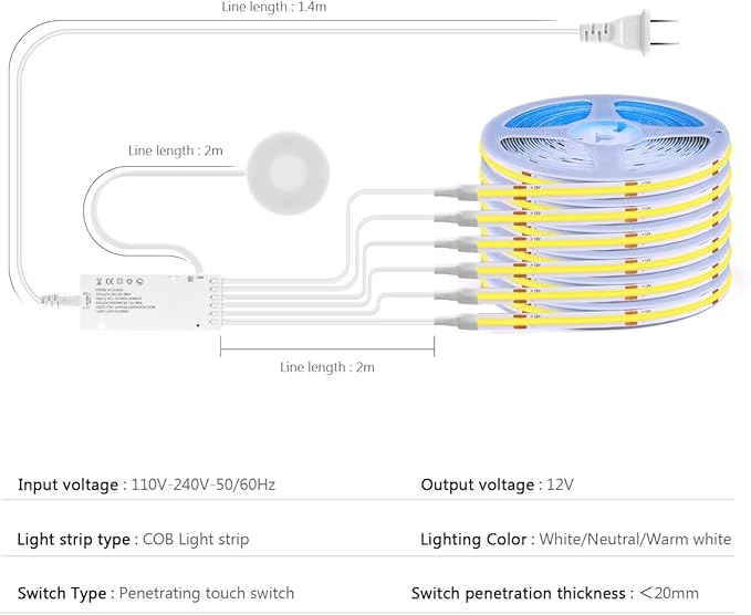 AIMENGTE Cabinet Light 12V COB LED Strip Lights, 6-in-1 Penetrable Touch Dimming