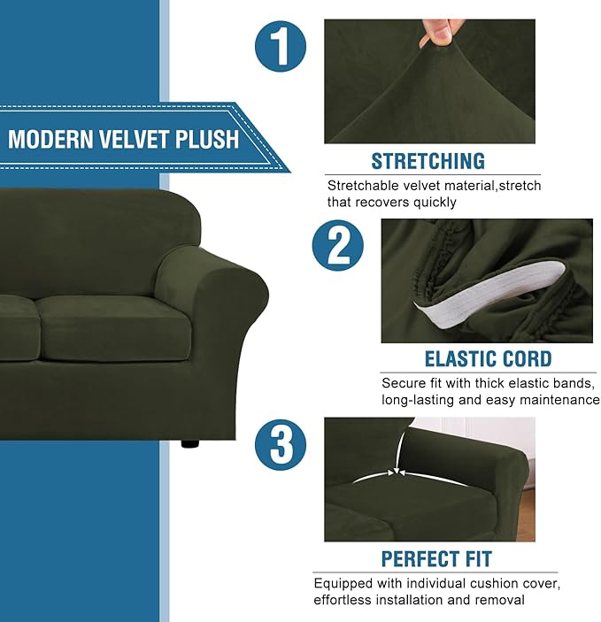 H.VERSAILTEX Modern Velvet Plush 4 Piece High Stretch Sofa Slipcover Furniture