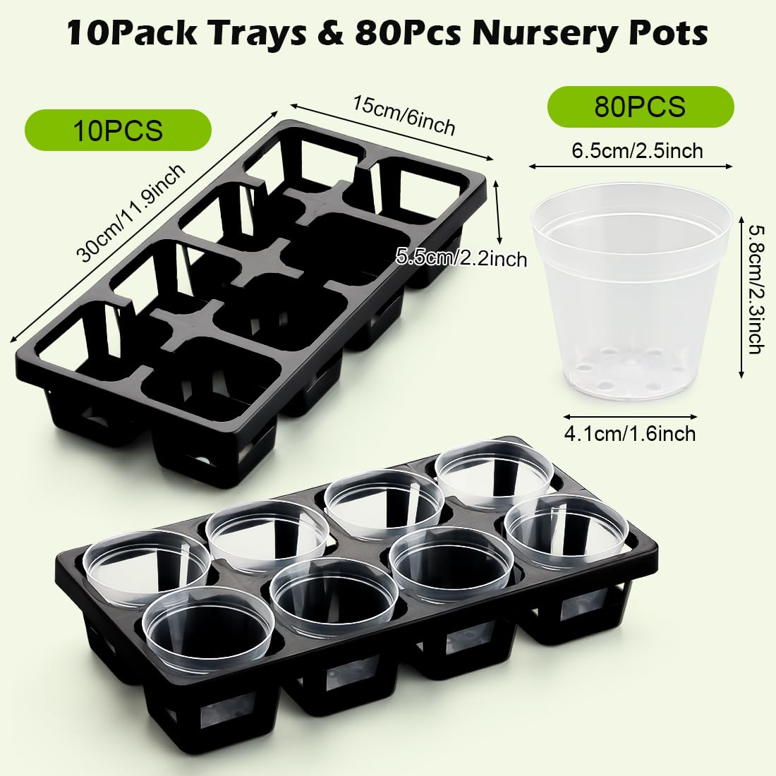 8 Cell Nursery Pot Trays 10 Pack (12"x6"x2") with 2.5 inch (6.5CM) Round Seedling Pots 80pcs (Clear), Plastic Seed Starter Tray with Removable Drain Holes for Carrying and Holding Plant Pot