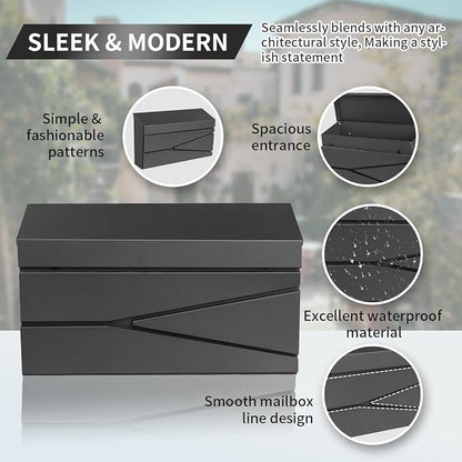 Ydocabinit Wall Mount Mailbox, Large Capacity Mailbox for House, Galvanized Steel Rust-Proof Metal Post Box Drop， Mailboxes for Outside, 15.74"×9.84"×4.33", Black Modern Sleek Style