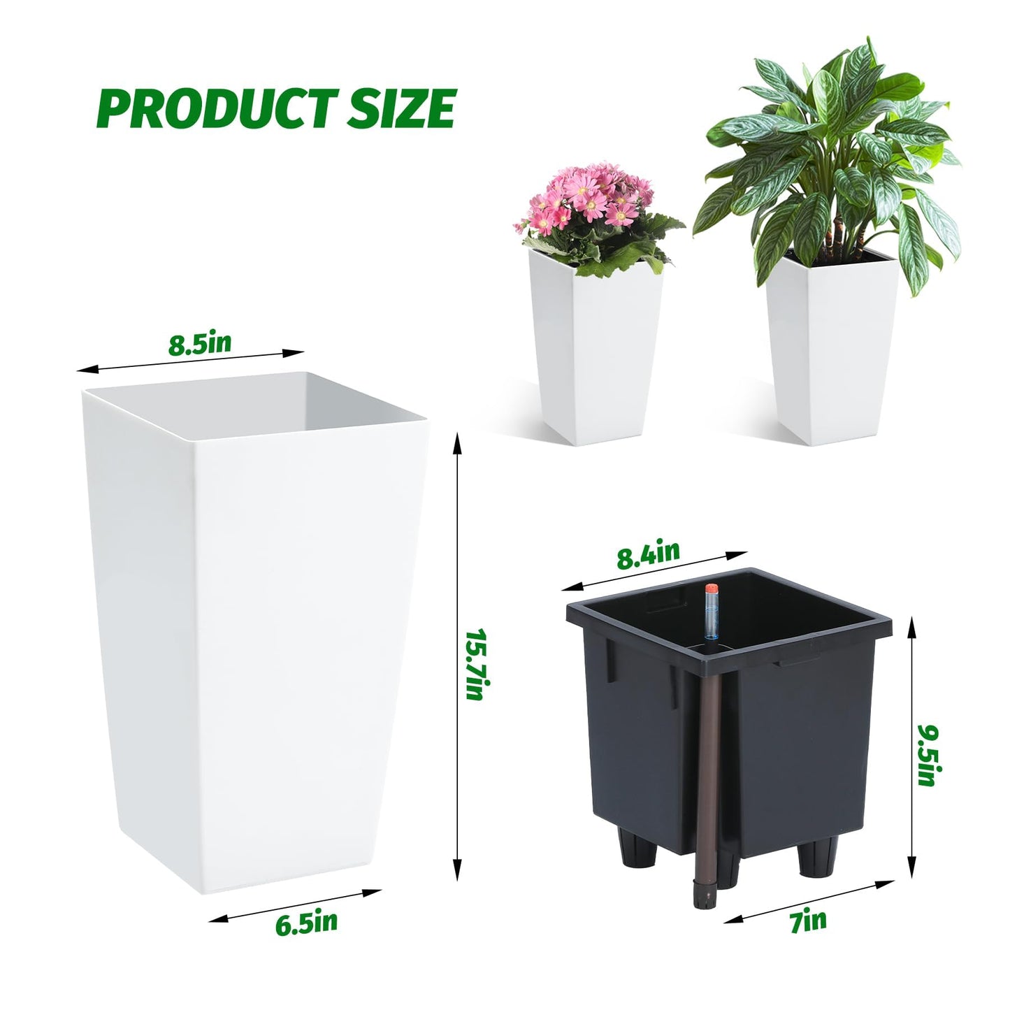 SierraSquad 16" Tall Planters Set of 2, Indoor & Outdoor Black Planter Pots, High Front Porch Planters with Drainage Holes, Water Level Monitor, and Inner Bucket, White