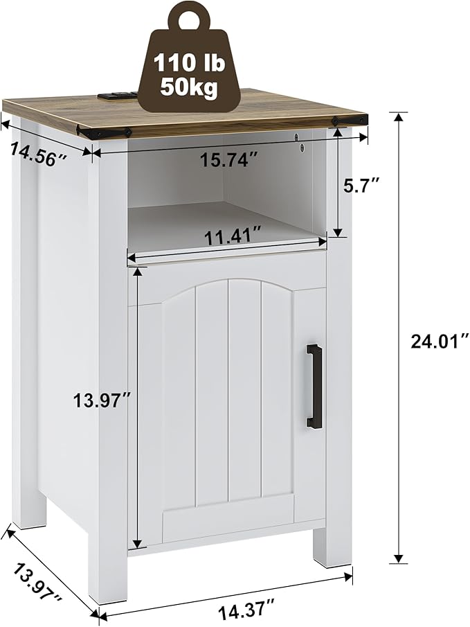 Farmhouse Nightstand with Charging Station, End Table with USB/Type-C Ports and