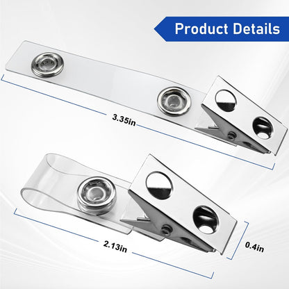 50Pcs Premium Metal Badge Clips with Clear PVC Straps for ID Cards, Badge Holders, Name Tags, Work Badges