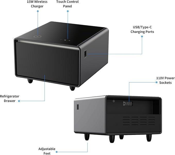 LUMISOL Smart Side Table with Built-in Fridge, Wireless Charging, Temperature