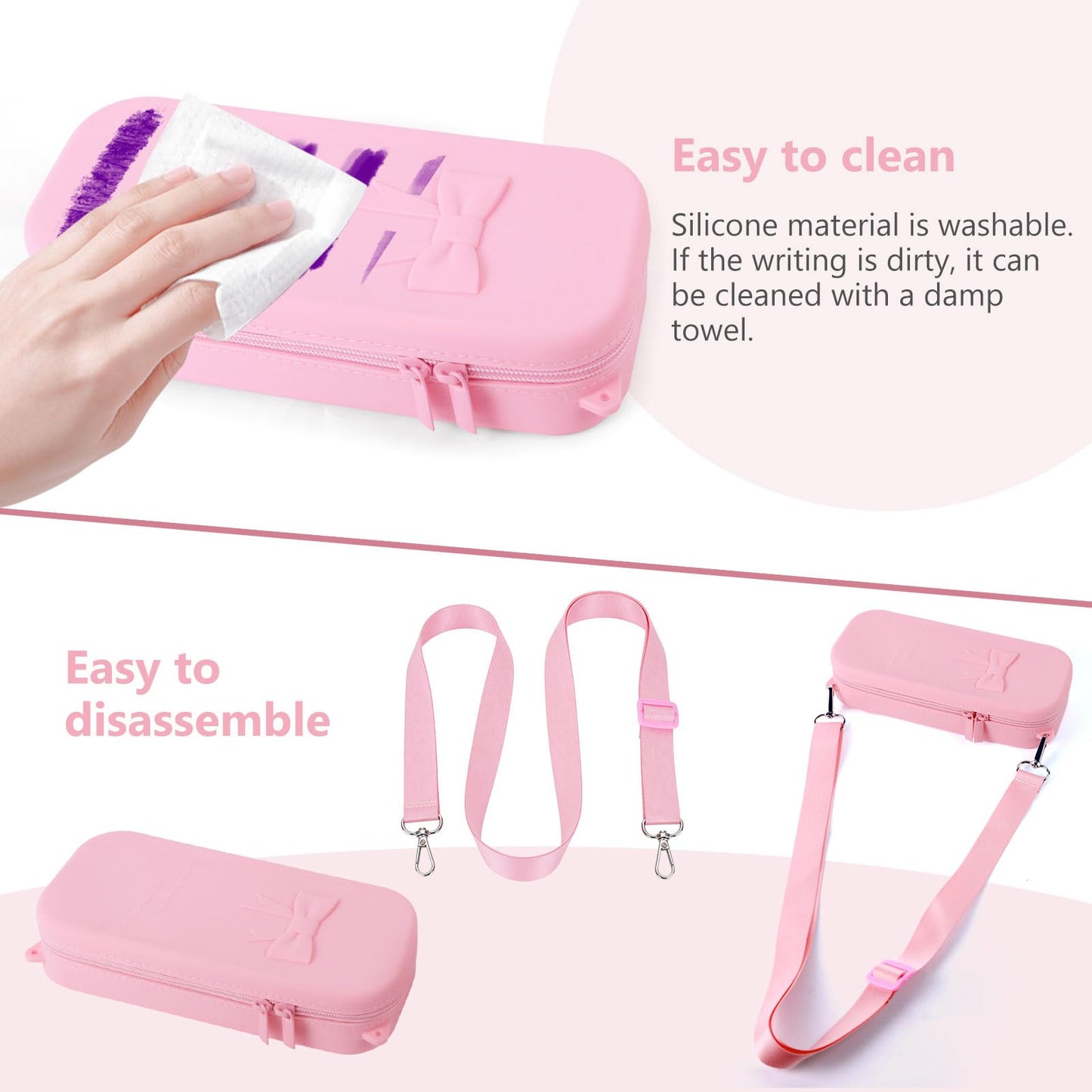 YAYAYOUNG Silicone Pink Bow Pencil Case with Hand strap & Shoulder Strap, Large Capacity Zipper Pen Pouch Organizer, Cute School Supplies for Teens Girls & Women