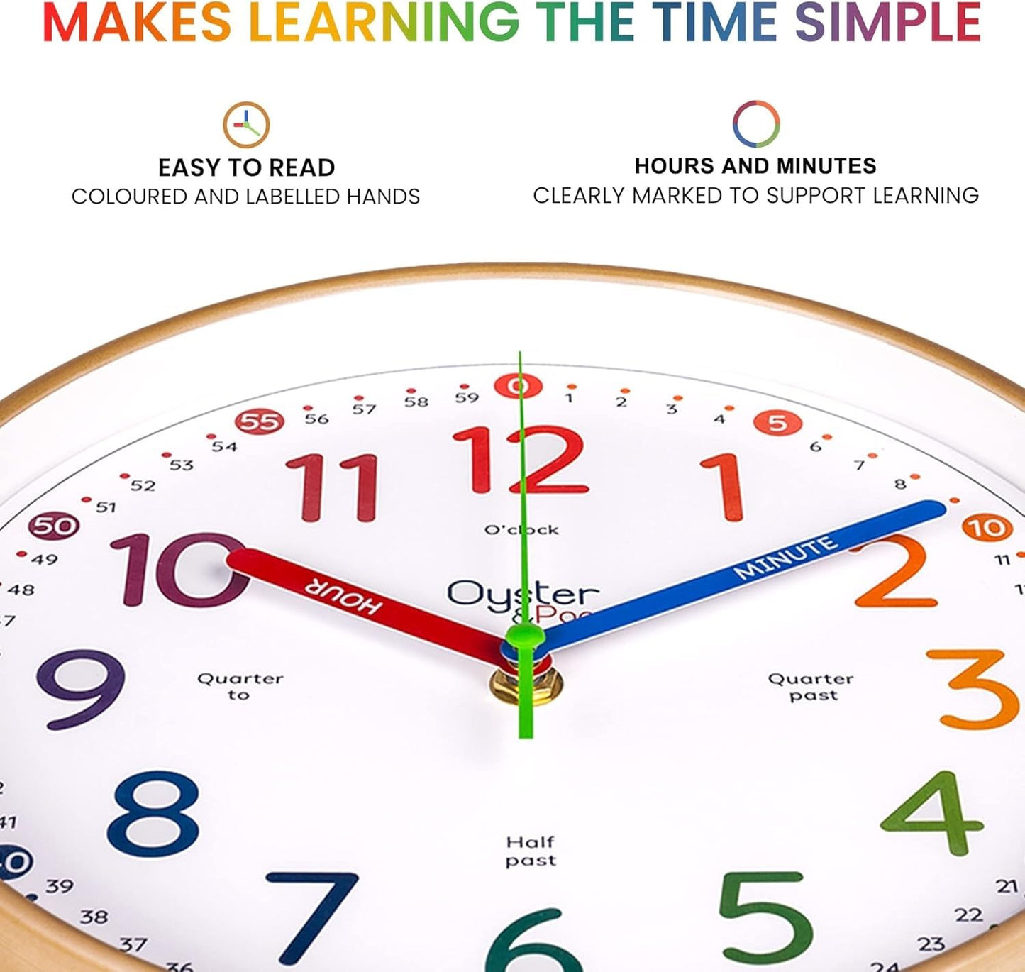 Oyster&Pop Kids Clock - Silent 10" Analog Clock, Learning Wall Clocks - Award-Winning Telling Time Teaching Clock for Kids - Bedrooms Homeschool & Classrooms - Includes eBook