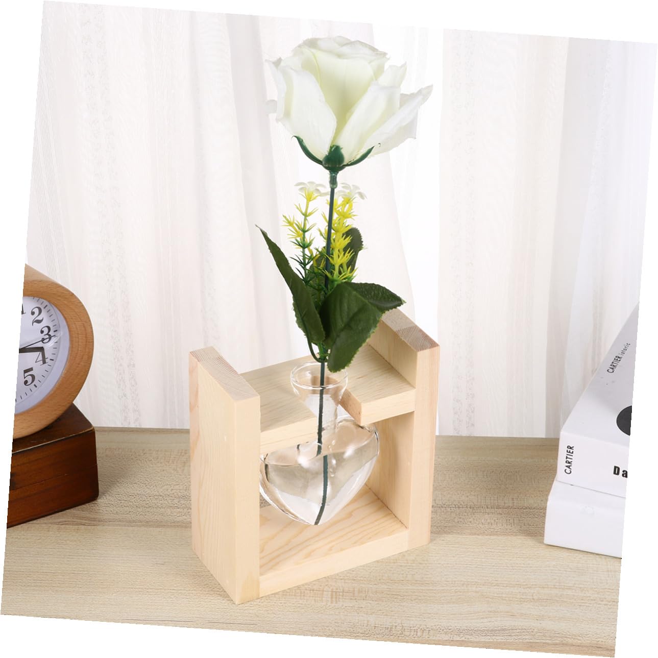 CONGARTENO Heart Vase Hydroponics Planter with Wooden Rack Glass Flower Container for Indoor Greenery Temperature-Resistant Glass Terrarium for Tulips Roses and Branches Decorative Plant
